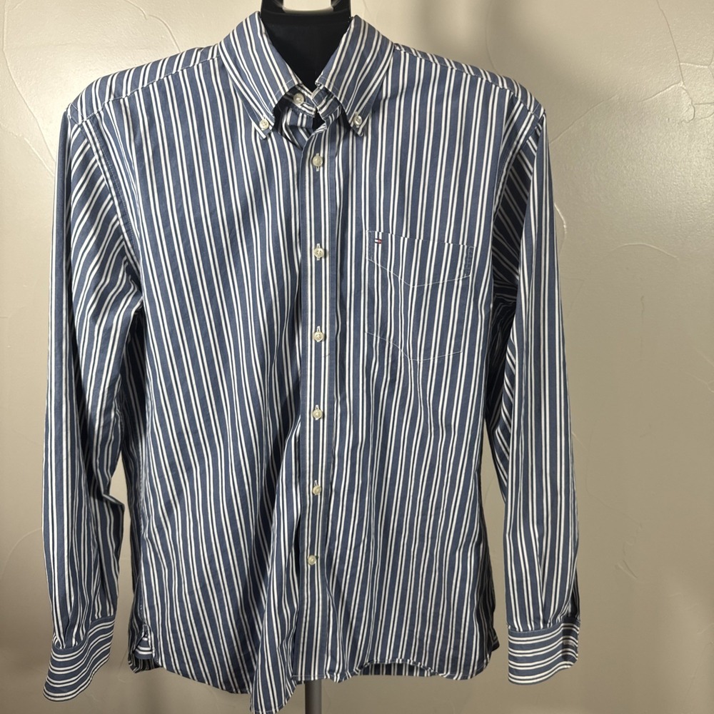 VTG Tommy Hilfiger Blue Striped Button Down Oxford Shirt Crest Pockets Men's M